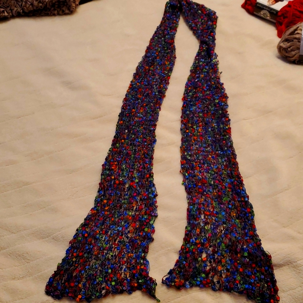 BEAUTIFUL DELICATE HAND-KNITTED MULTI-COLORED SCARF, 6.5" BY 72"